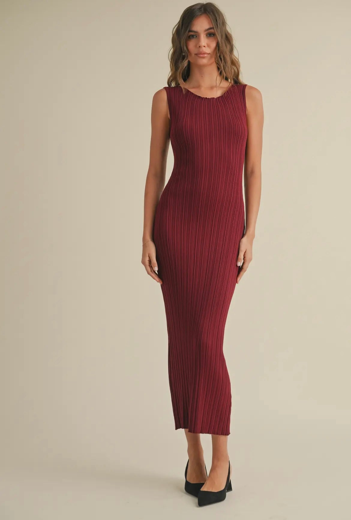 Merry Merlot- Ribbed Midi Dress