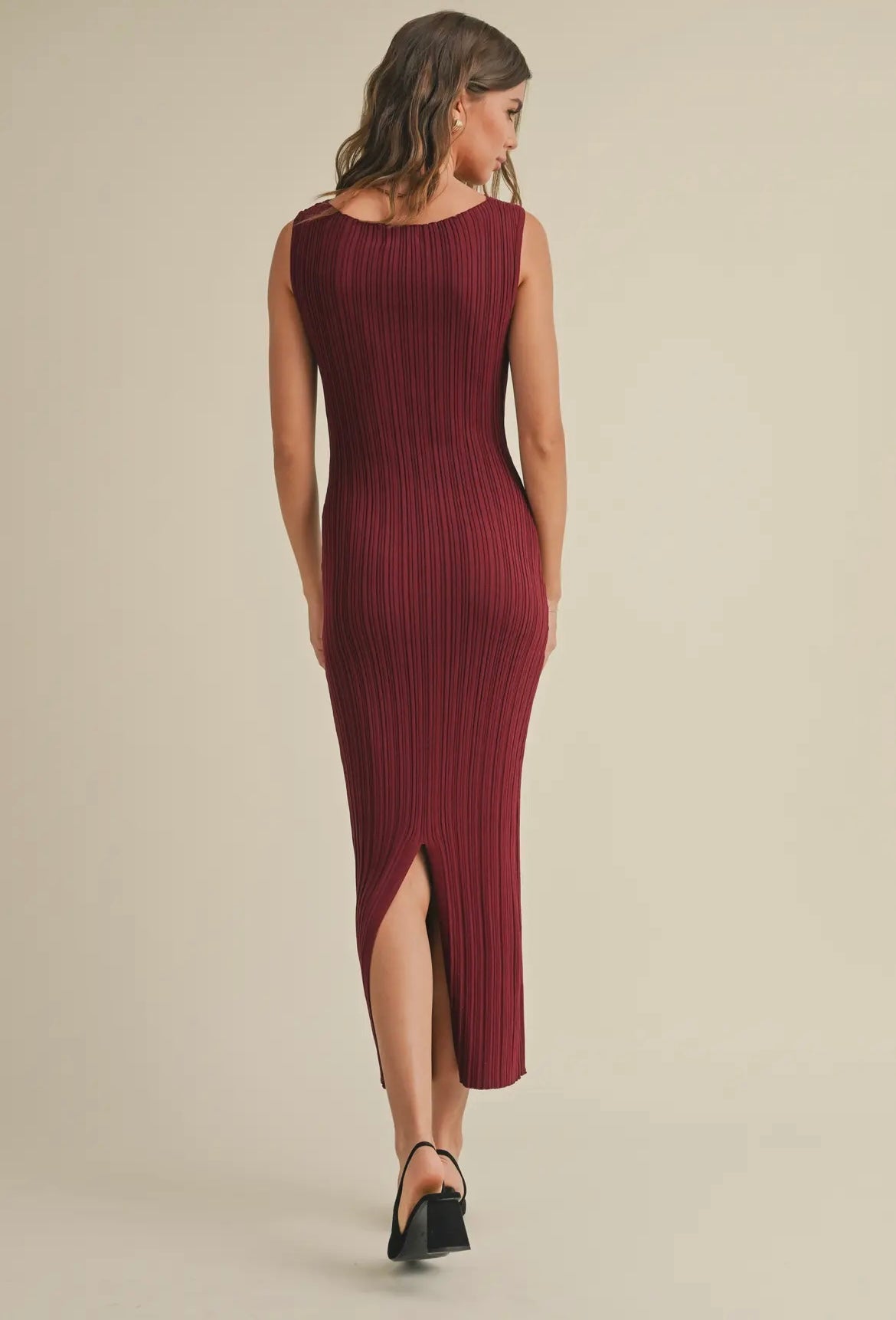 Merry Merlot- Ribbed Midi Dress