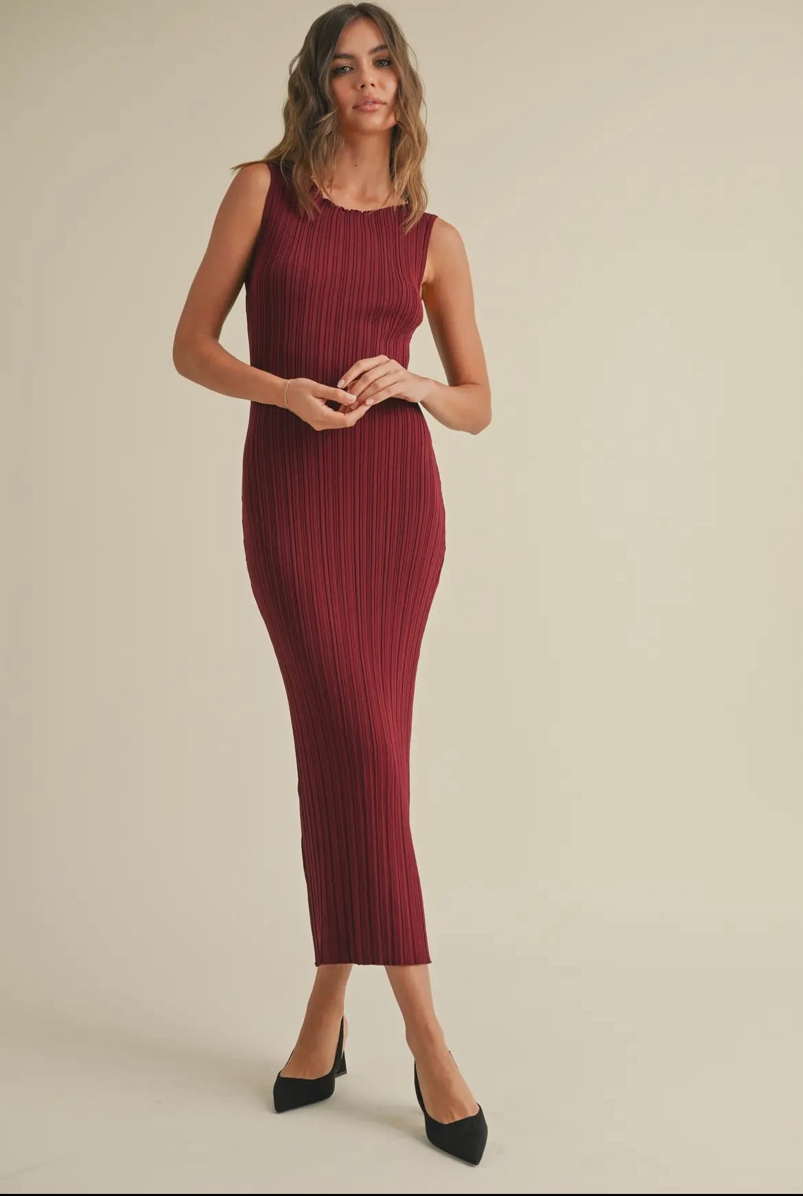 Merry Merlot- Ribbed Midi Dress